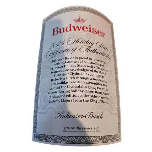 Budweiser Limited Edition Clydesdales Holiday Stein 2024 NEW Box Certificate - Picture 10 of 16
